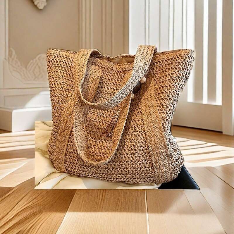 Handmade Beach Bag Women's Simple Large Capacity Lightweight Bucket Beach Trendy Grass Woven New Hand-Held Shoulder Bag Kq2