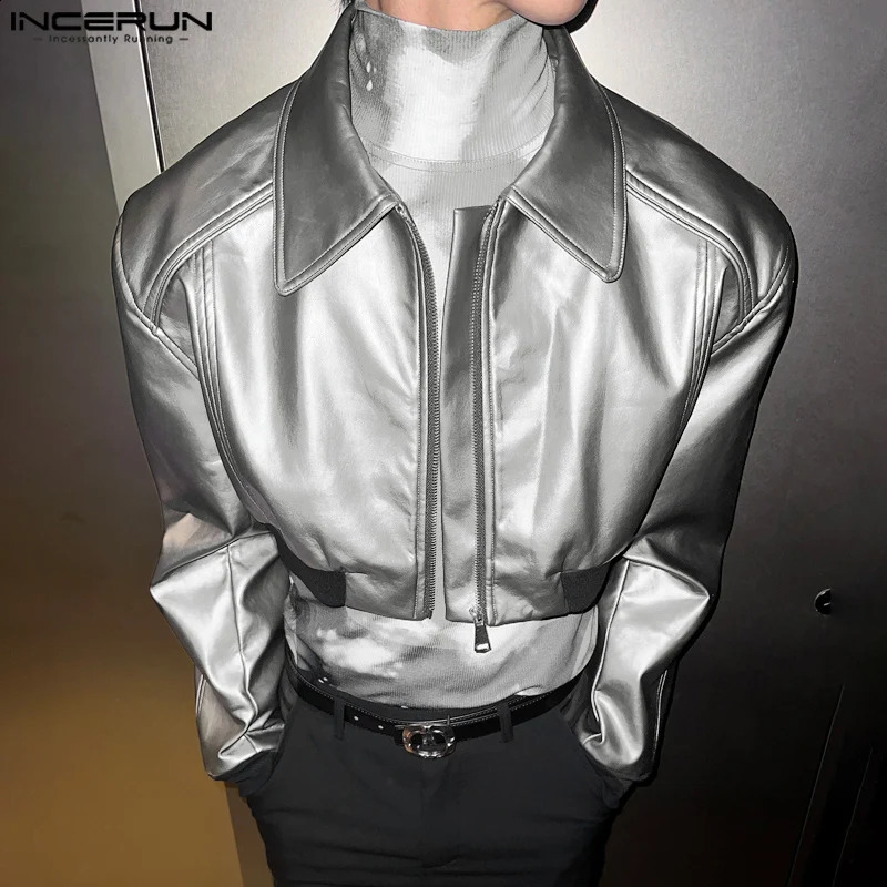 INCERUN Men Long Sleeve Solid Color Coats PU Leather Short Jackets Handsome Simple Lapel Collar Waistcoats Zipper Loose Tops 250409