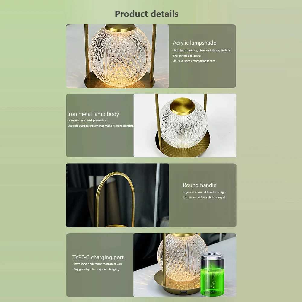Touch Table Lamp Rechargeable Wireless Portable Bedroom Bedside Crystal Desk Lamp Night Light LED Decor Lights for Bar Coffee M251114
