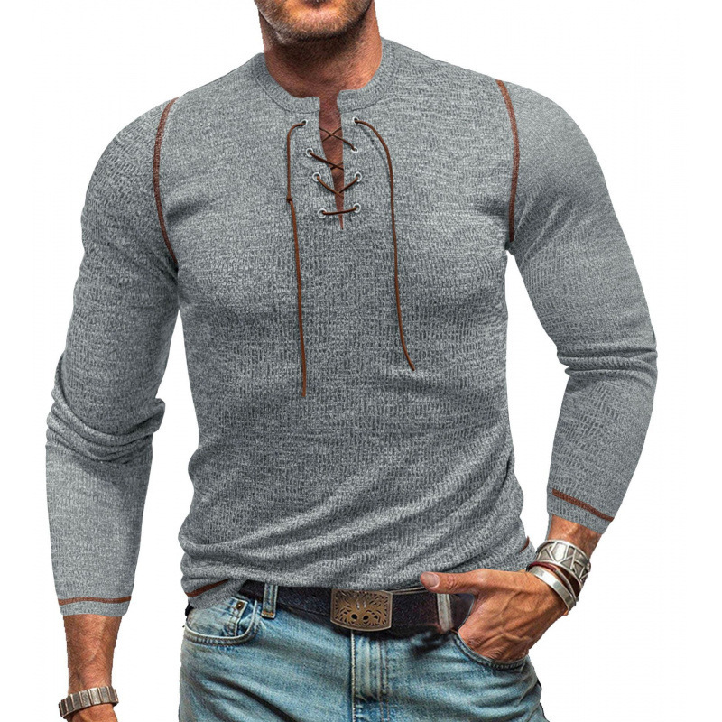 2025 mens long sleeved lace up Henley shirt mens T-shirt outdoor sports trend top men