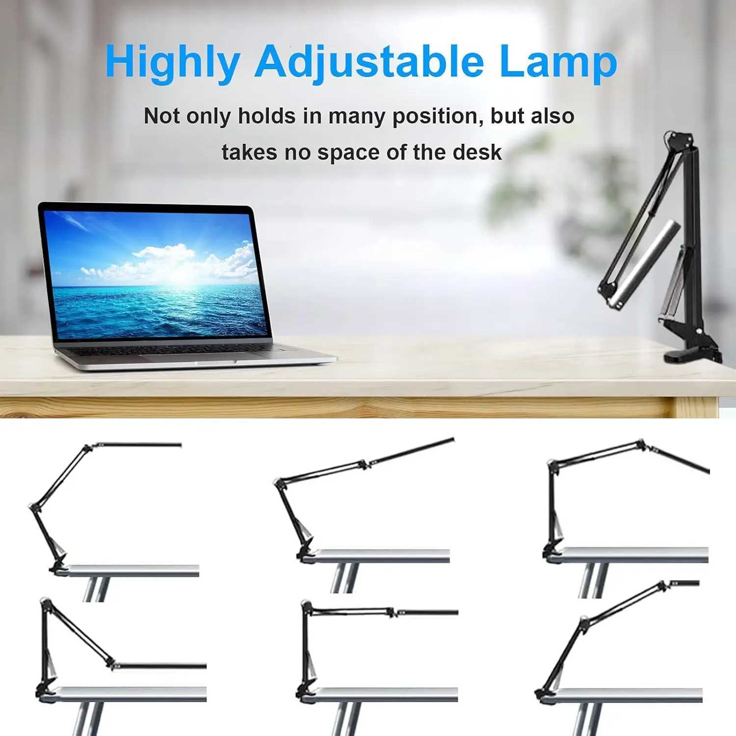 Clamp Desk Lamp LED Foldable Eye Caring Light 3 Light Modes 10 Brightness Levels Adjustable Long Lamp for Computer Desk Home M251114