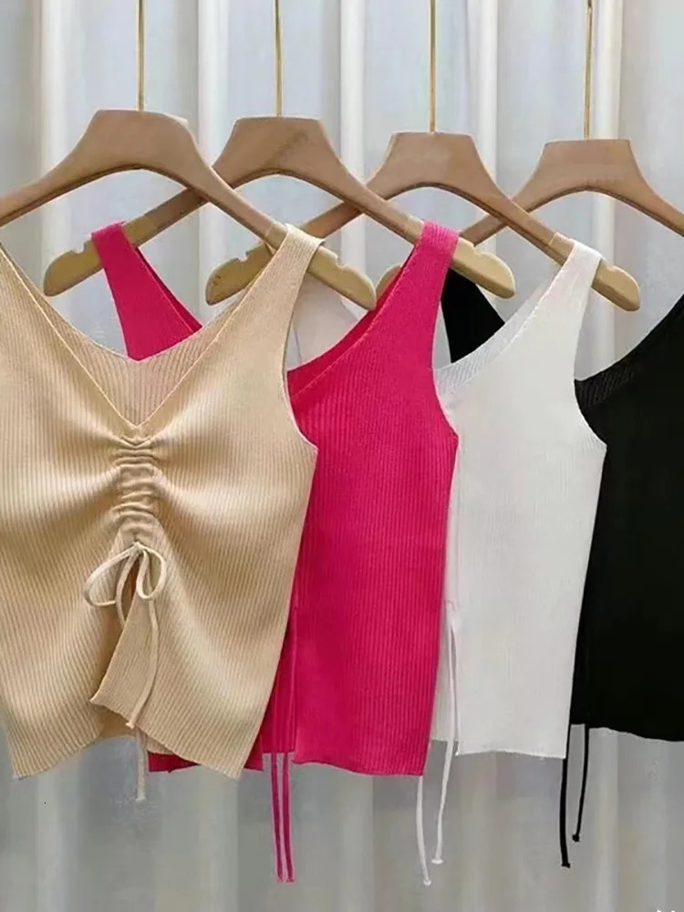 summer womens brushed front rib knitted top sexy Vneck sleeveless crop high elasticity split cut vest 250414Z