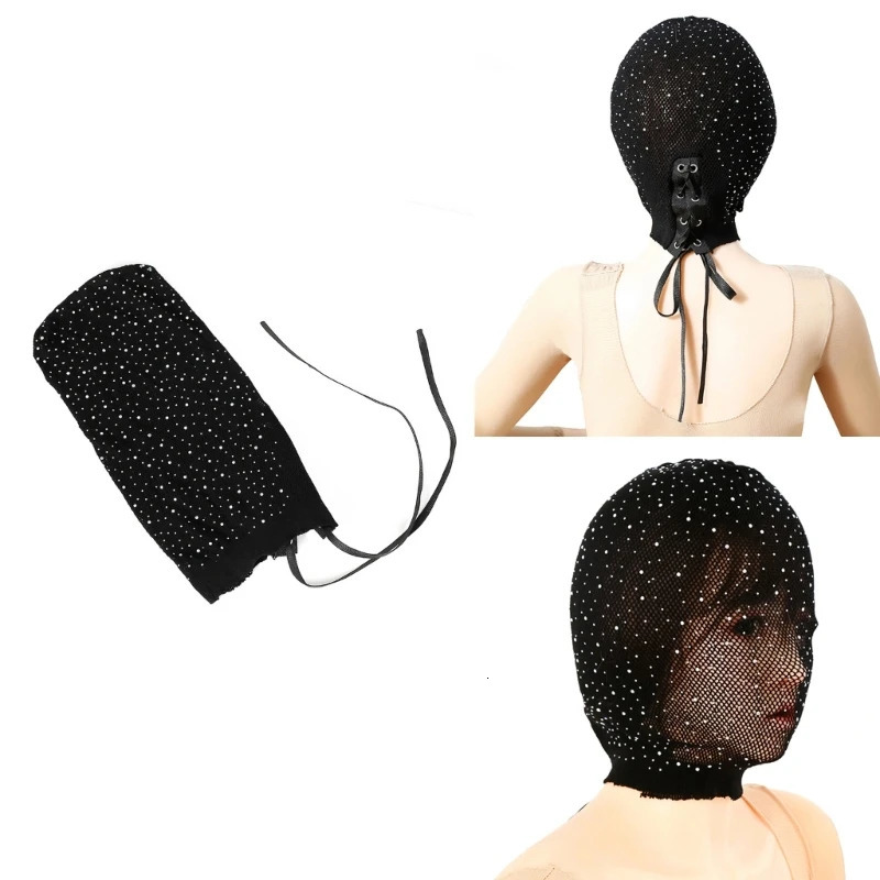 Black Stocking Head Cover with Rhinestones Tie Balaclava Face Mask Couple Play Black Head Wrap Full Hood Costume 250410