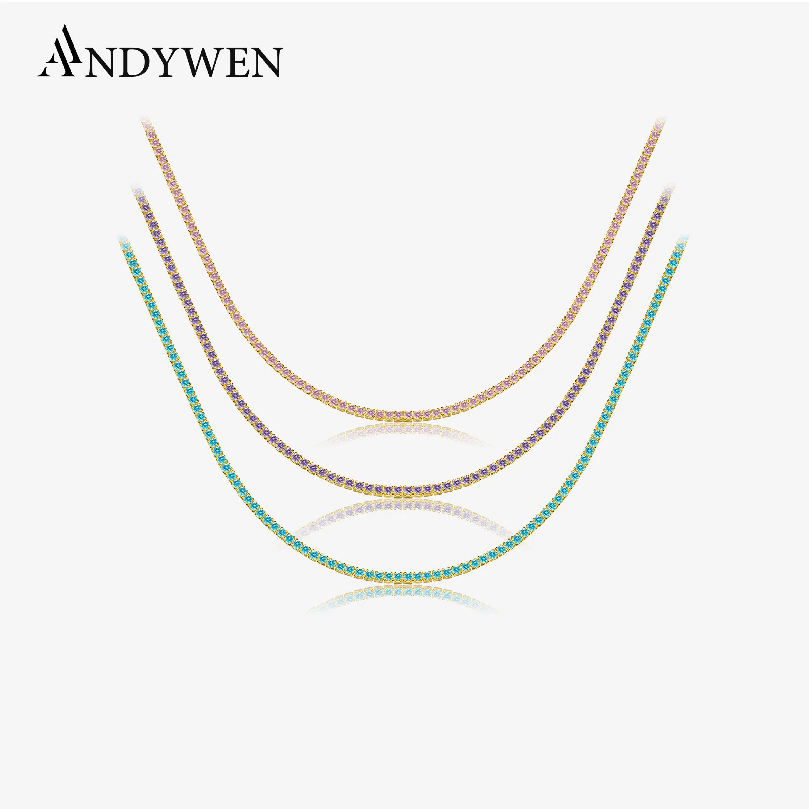 ANDYWEN 925 Sterling Silver Tennis Zircon Charm Long Chain Choker Necklace Rock Punk Fashion Fine Jewelry Gift Wedding Party 250407