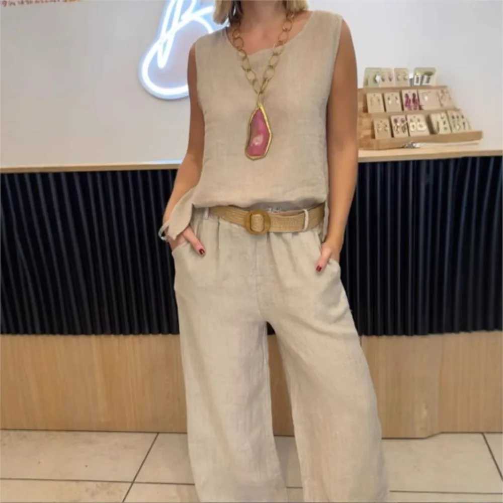 Fashion cotton linen velvet free O-neck womens T-shirt and pants 2-piece set Ele retro casual loose long leg pants Fe setXJ250414