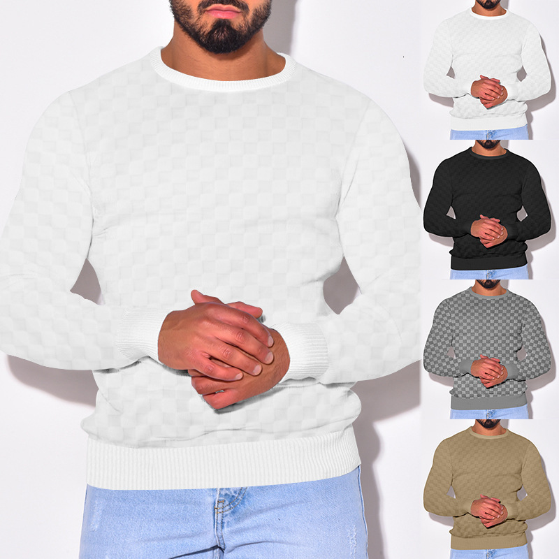Men's autumn and winter men's T-shirt jacquard checkerboard round neck knitted sweater base long sleeved sweatshirt