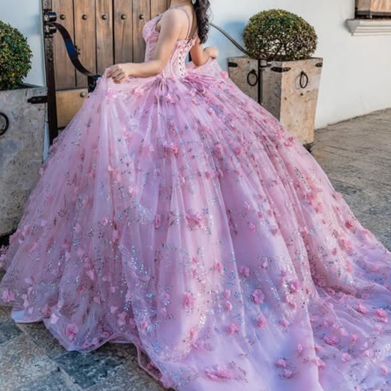 Pink Quinceanera Dresses Off Shoulder Ball Gown Sweet 16 Dress Spaghetti Strap Applique Flower Beads Tull Corset Birthday Party Vestidos 15