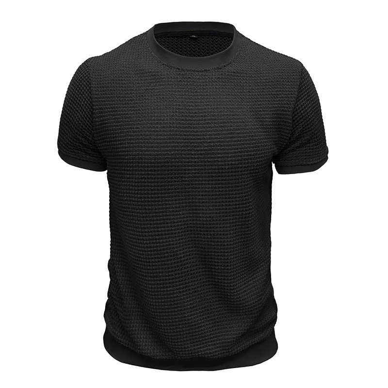 Summer new mens short sleeved knitted T-shirt top with round neck ribbed pullover