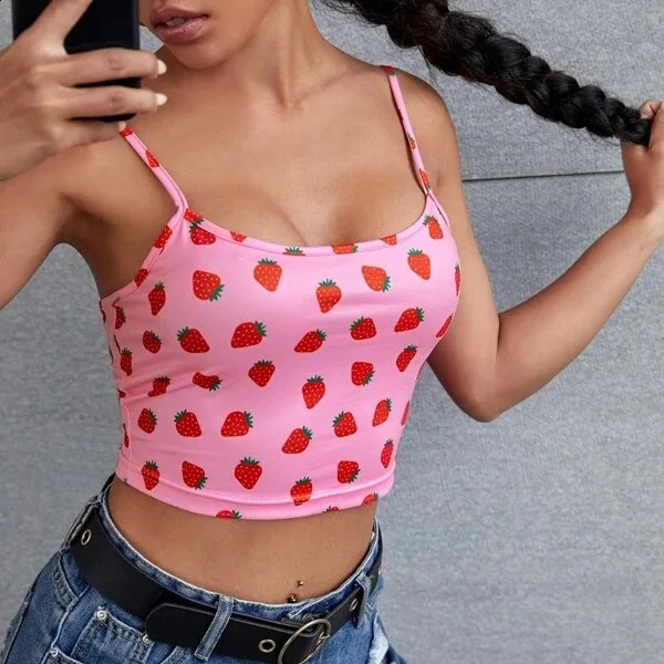 2024 Summer Womens Sling Top Sexy Sports Single Shoulder Strapless Vest Strawberry Printed Crop 250407