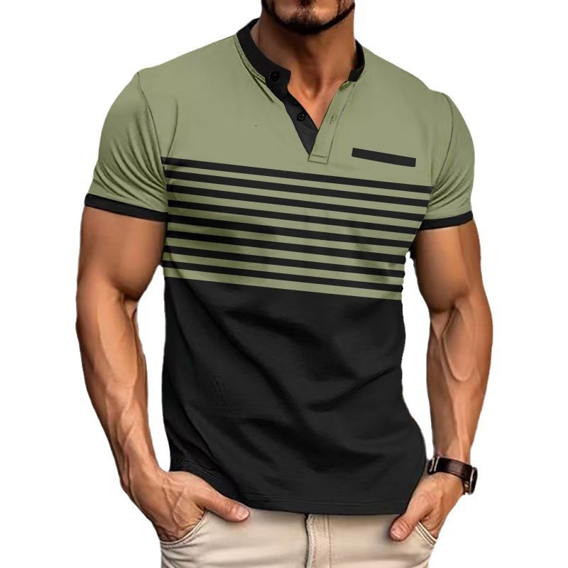 Summer Men's Casual POLO Shirt V-neck Striped Button Flip Collar Short Sleeve 2025 Top for Men