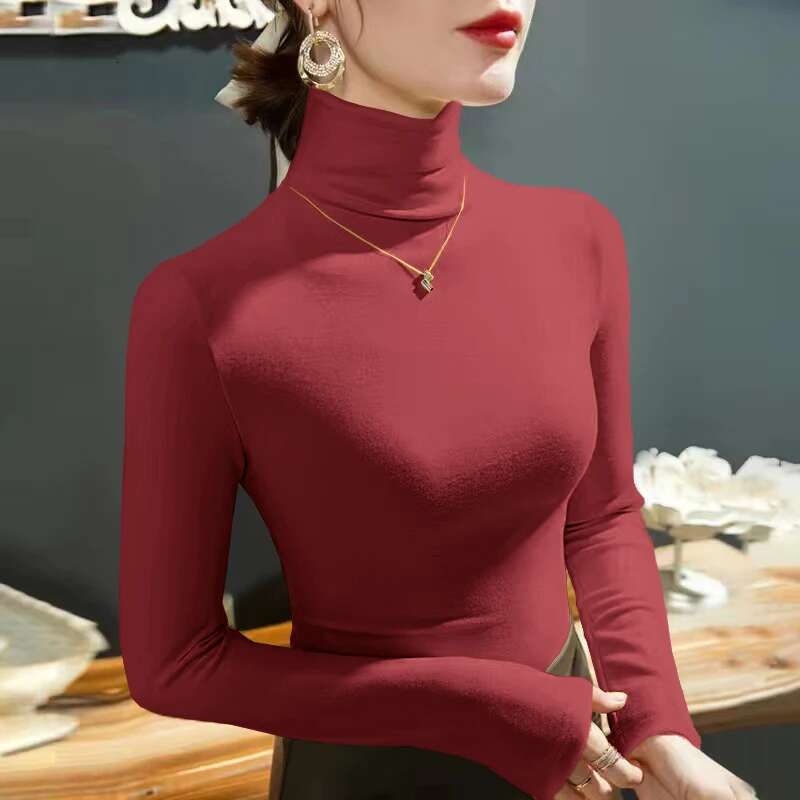 2025 Fashion Autumn Winter Female Turtleneck Fleece Stretch Shirt Women Long Sleeve T-shirt Warm Basic Pullover Bottoming Tops
