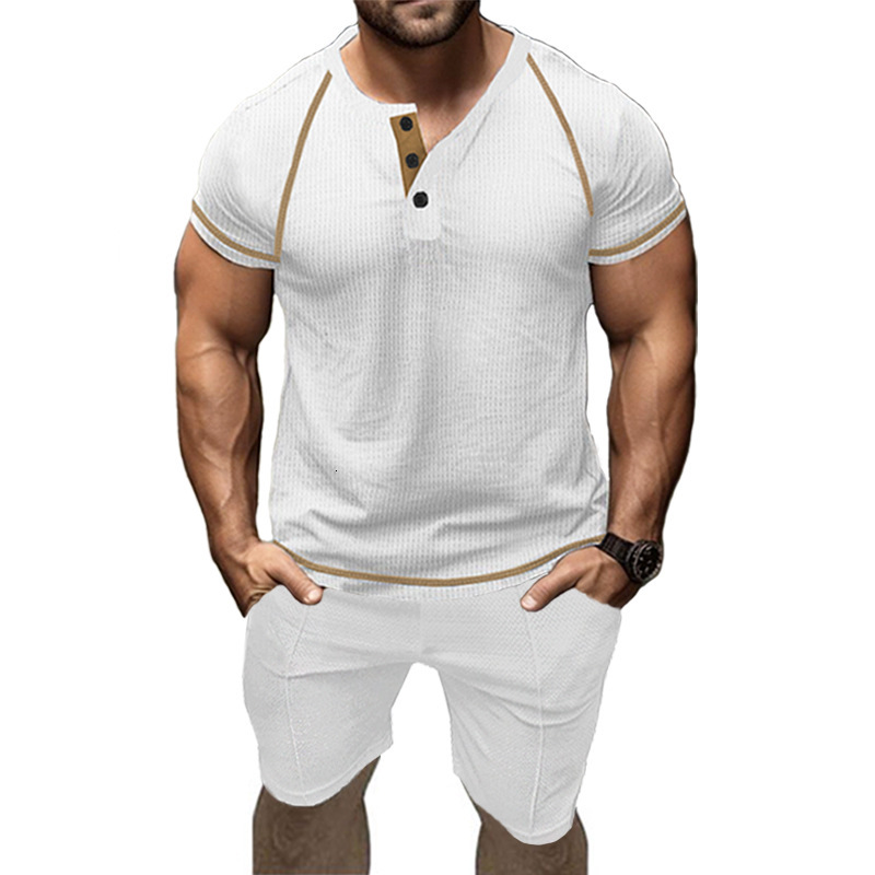 Summer Fashion Casual Slim Fit Wear Henry T-shirt Waffle Sports Shorts Set Men's
