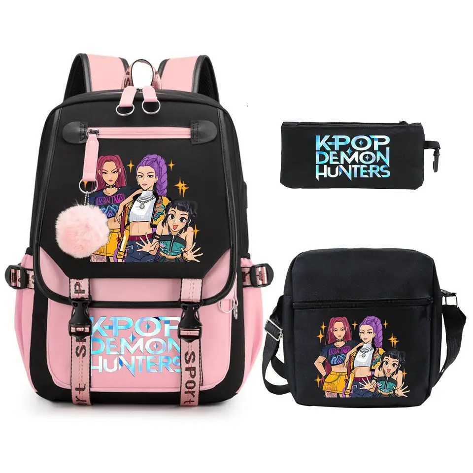KPop Demon Hunters Backpack Shoulder Bag Pencil Case Three Piece Set Children Fashion Casual SchoolBag Saja Boys Travel BackpackW251113