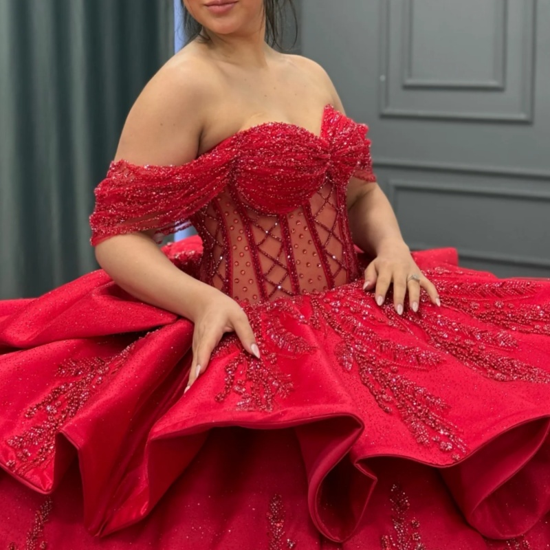 Red Princess Quinceanera Dresses Off Shoulder Applique Beading Crystal Tiered Tull Corset Sweet 16 Dress Ball Gown Vestidos 15 De Anos