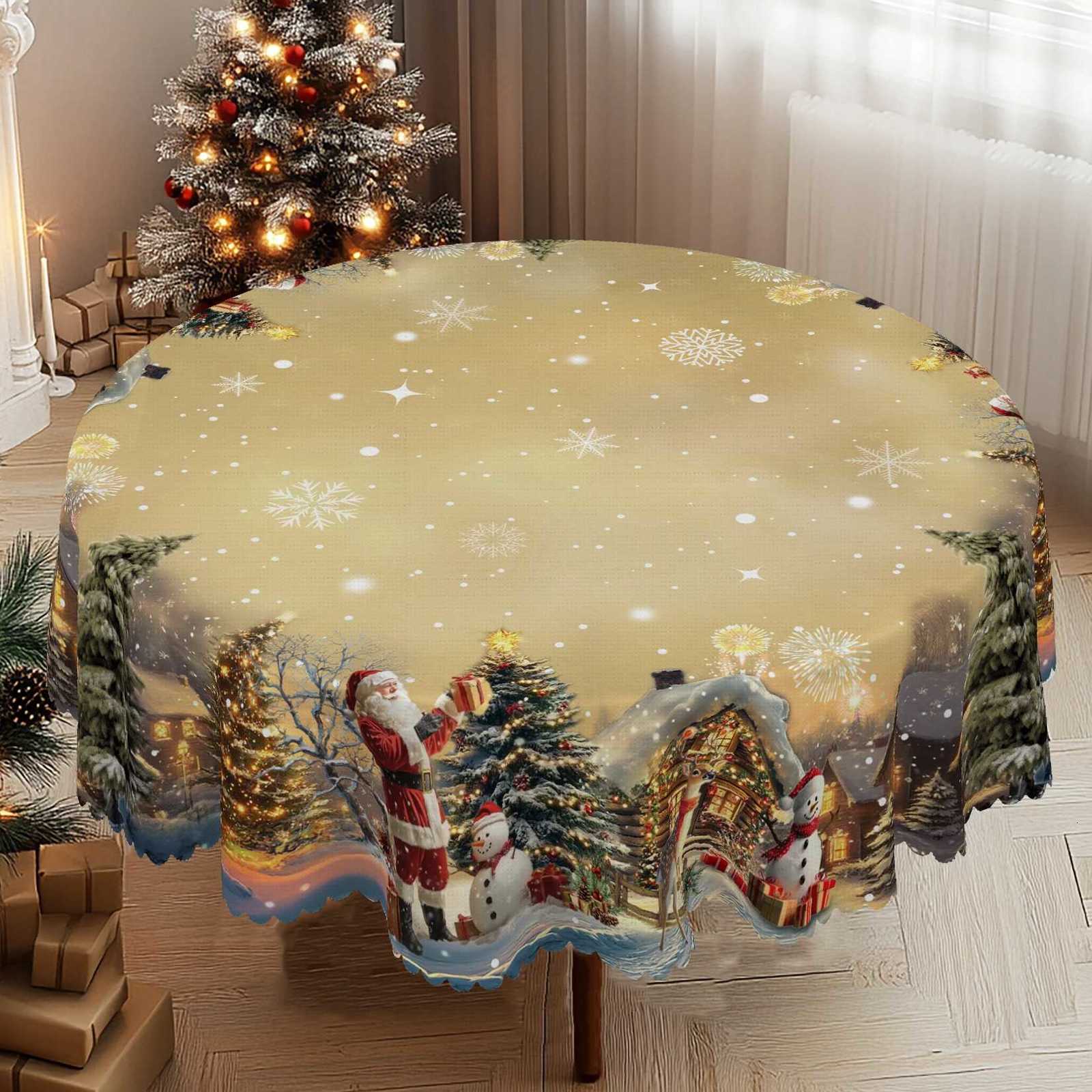 Christmas 1Pc Vintage Khaki Christmas Tablecloth with Santa Claus Reindeer Sleigh Patterns Christmas Decor 2025 Christmas Party Decoration Y251113
