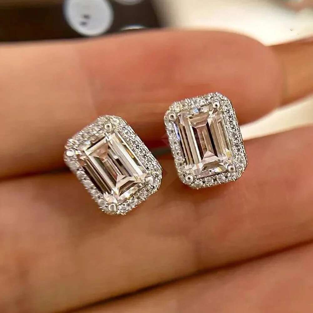 0.5/1/2ct Emerald Cut Halo Moissanite Diamond Stud Earrings 925 Sterling Silver Plated 18k Gold Earring Fine Jewelry for Women