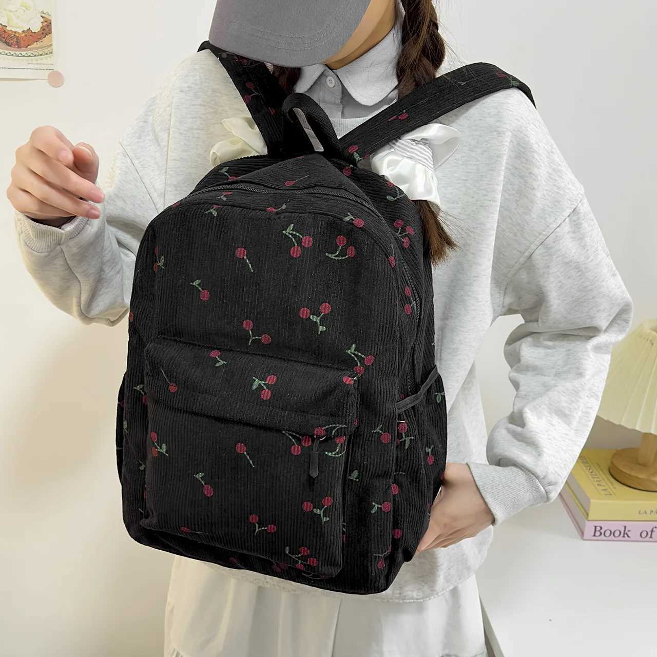 Women Cherry cute Schoolbag girls students backpack large-capacity corduroy backpackW251113