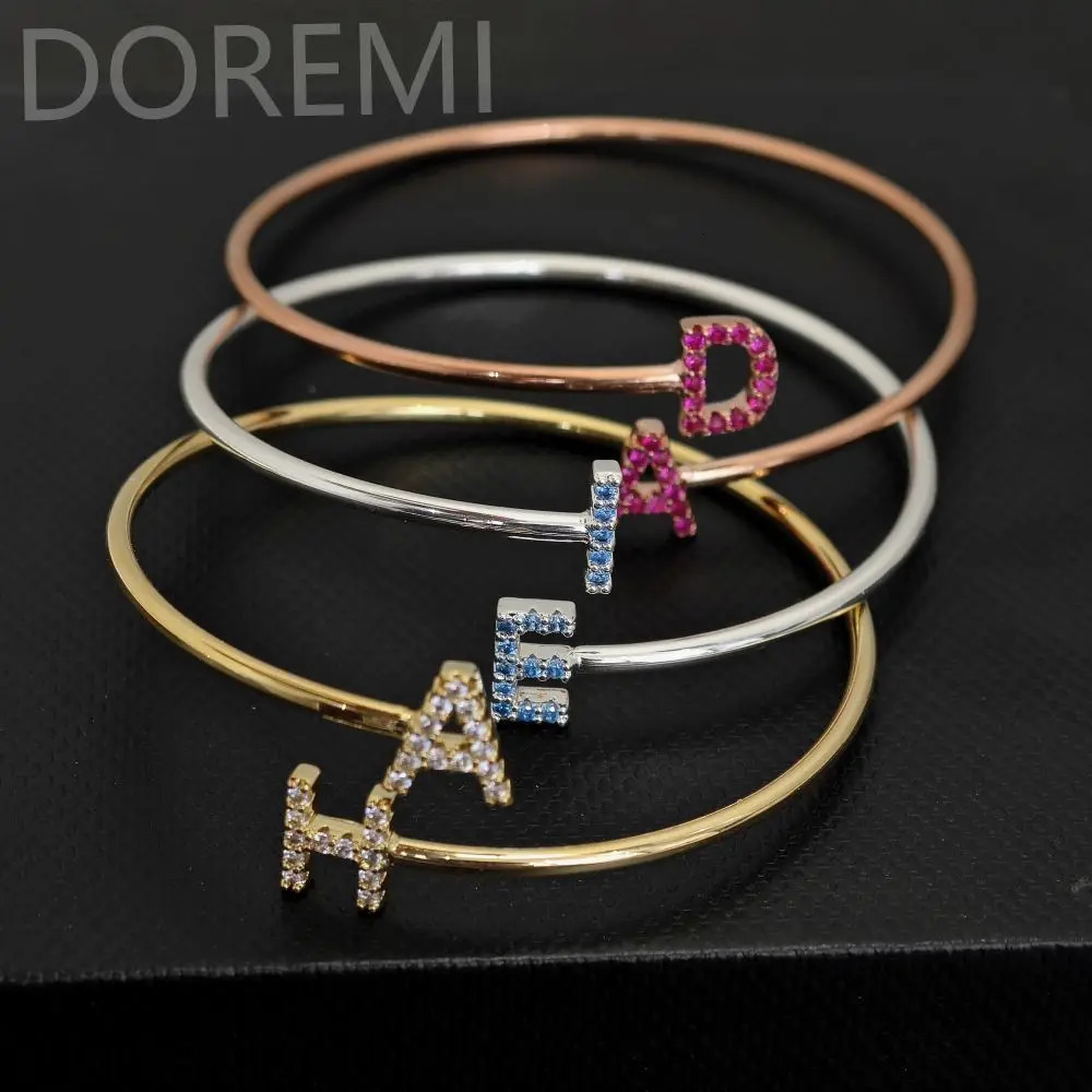 DOREMI Women Coloful Zircon Initial Letter Spiral Staggered Bangle Custom Letters Charm Heart Star Moon Symbol Gift Bracelet 250408