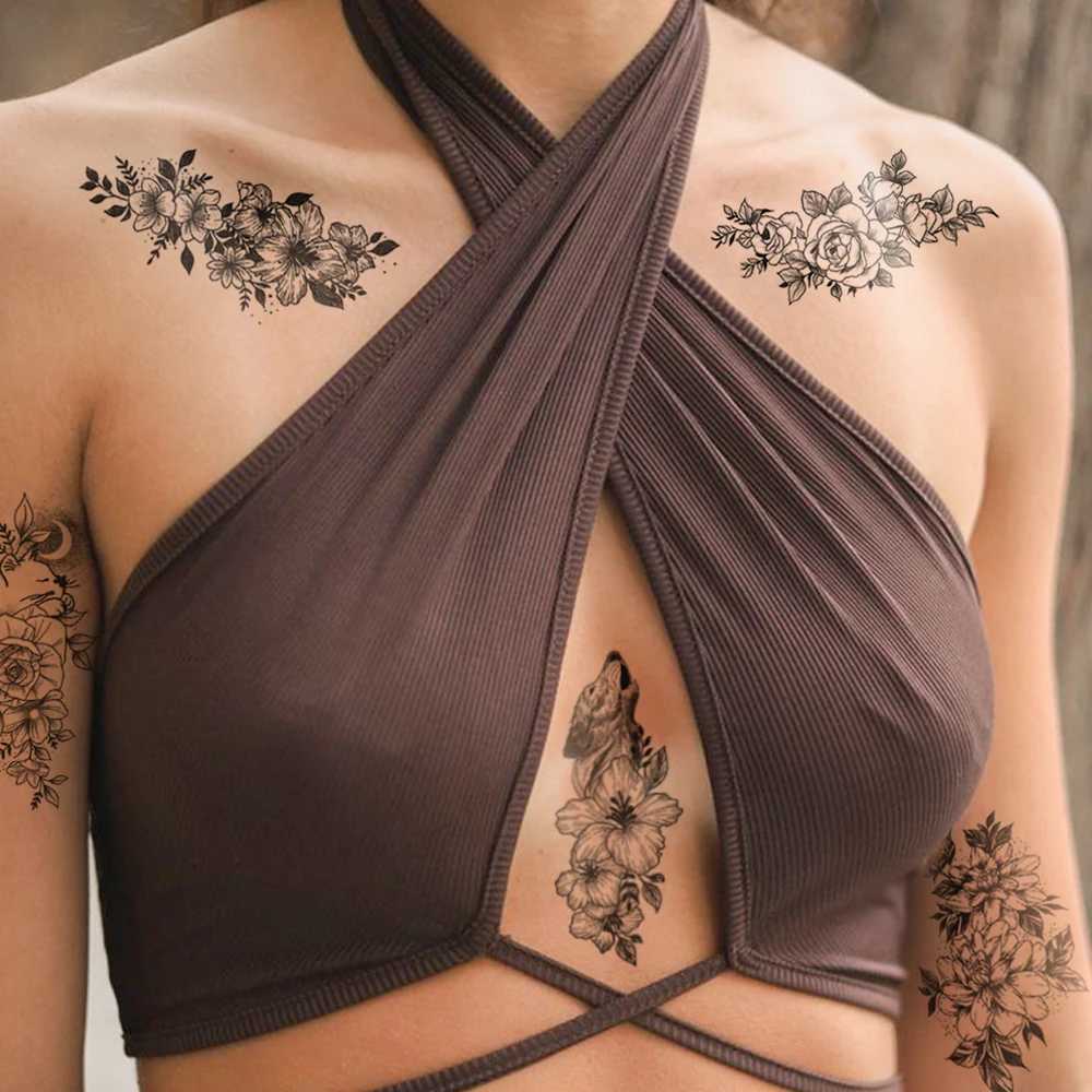 30 waterproof temporary tattoo stickers black roses butterfly feathers rainbow body art arms fake tattoos for womenXJ25414