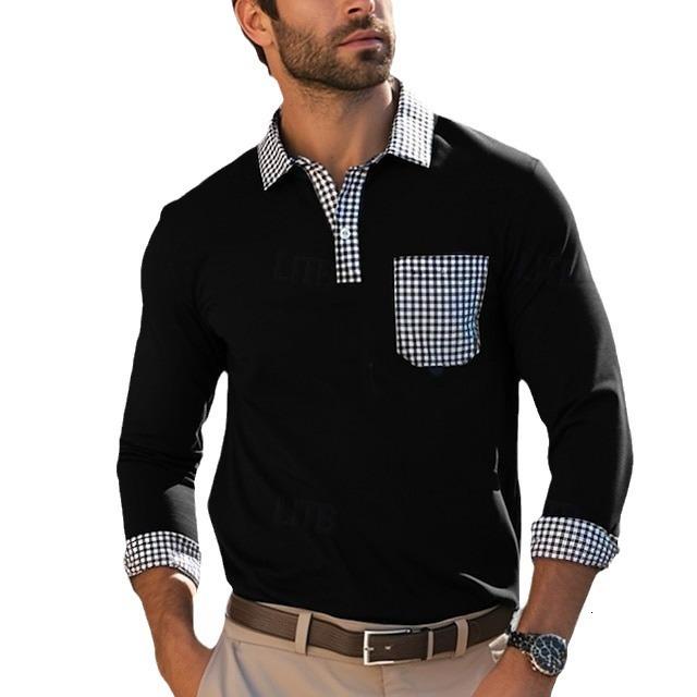 2025 digital printed lapel button long sleeved polo shirt with grid splicing autumn and winter new T-shirt