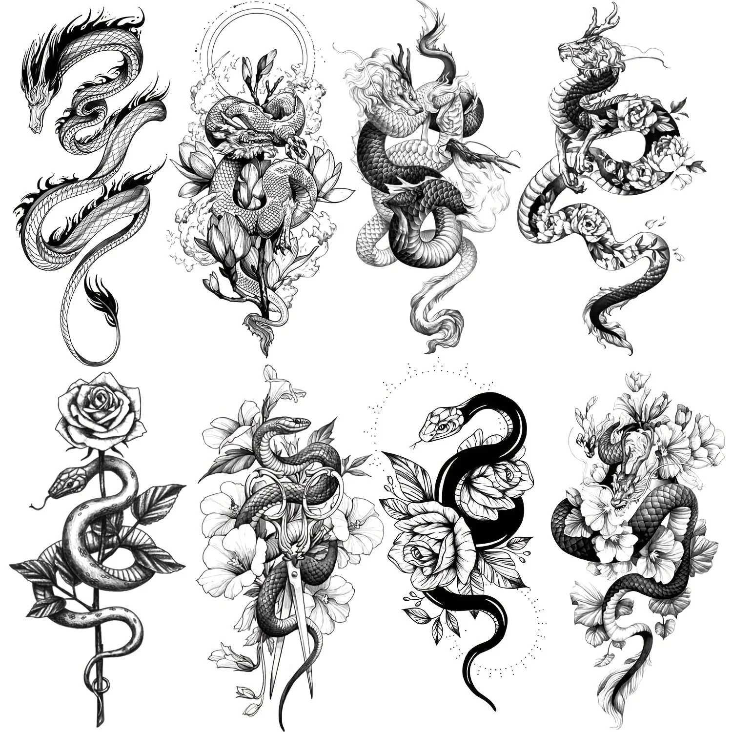 Waterproof Temporary Tattoo Stickers Black Dragon Flash Tattoo Female Snake Rose Body Fake Tattoo Flower Arm TattooXJ25414