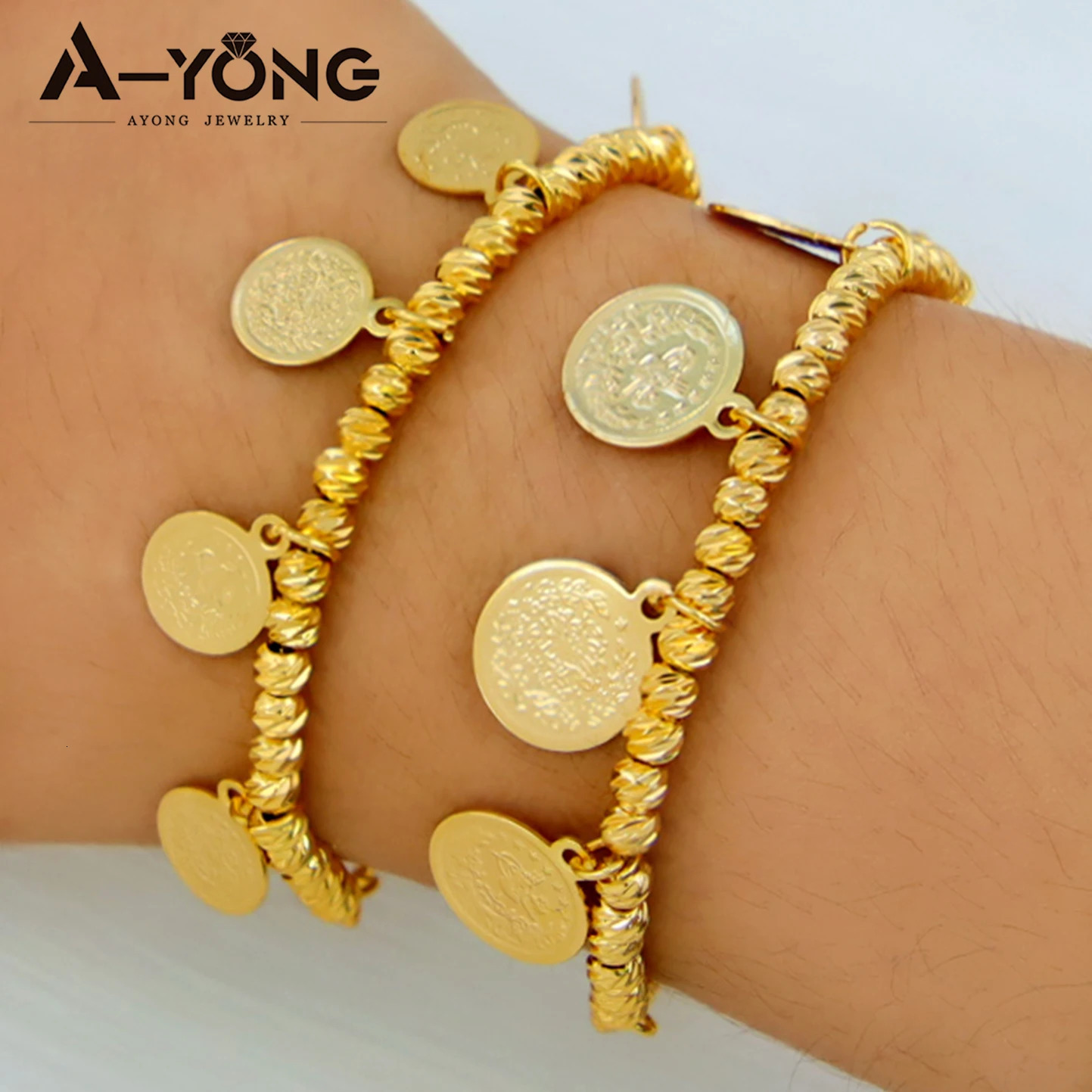 Arab Gold Color Bead Bracelet 21k Gold Plated Adjustable Turkish Coins Bangles Islamic Women Wedding Party Jewelry Gifts 251113