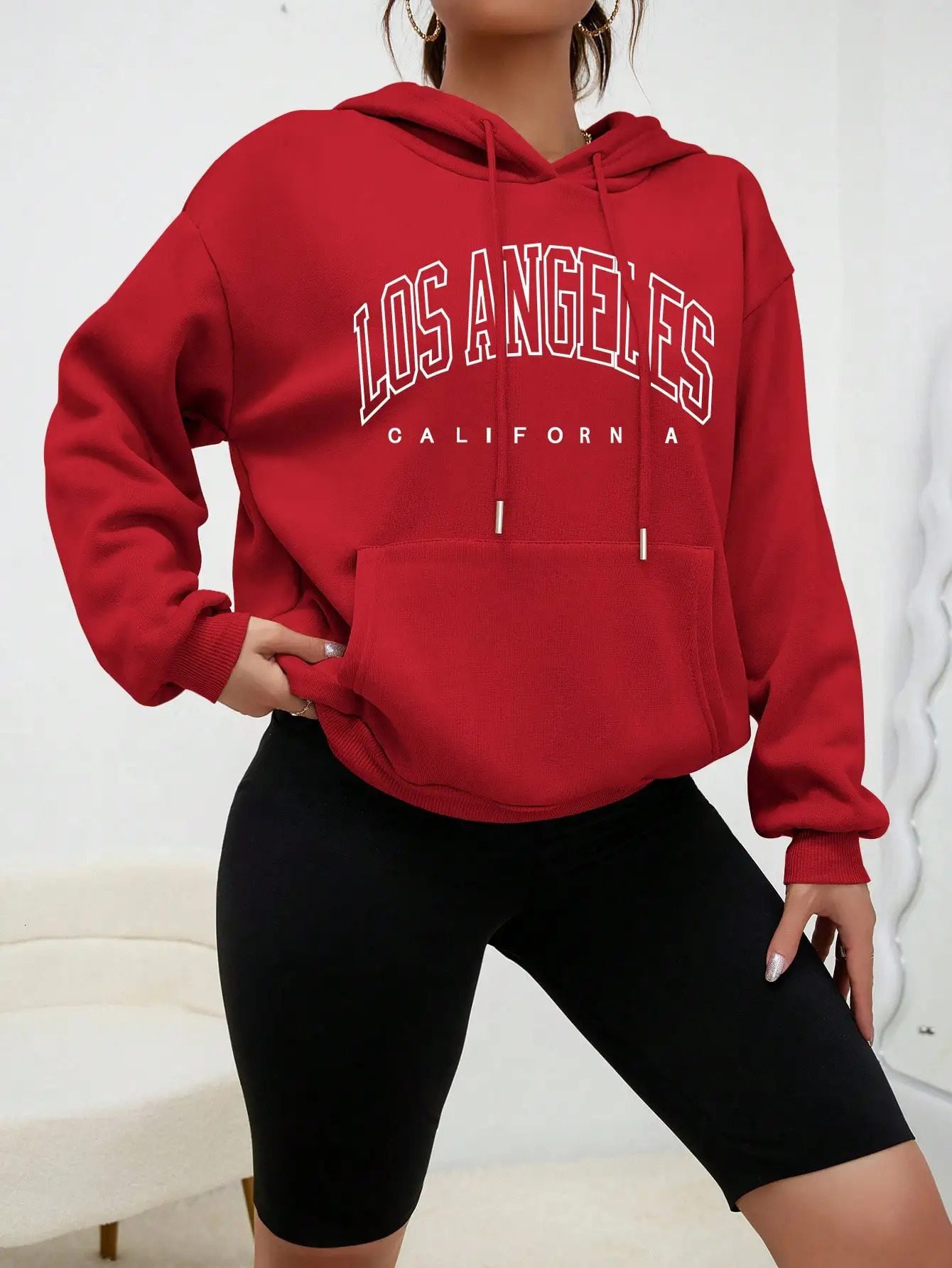 Womens Hoodie Los Angeles California Alphabet Printed Pocket Casual Oversized Long Sleeve Sweater 250414Z