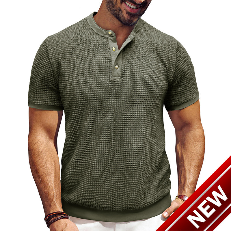 Mens new short sleeved textured knitted Henley style T-shirt pullover