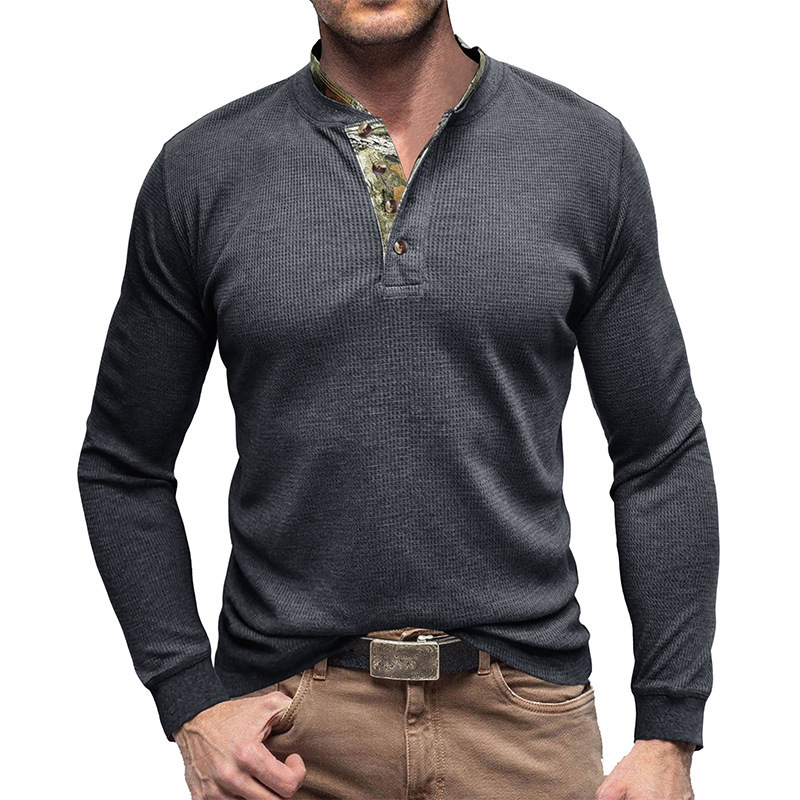 Mens long sleeved outdoor bottoming shirt Mens Henry T-shirt Waffle round neck top