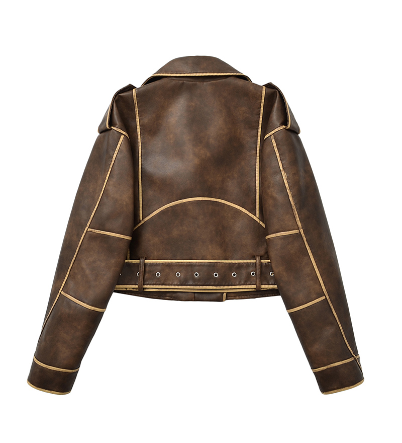 American Retro Style Brown Leather Jacket for Women - Fall Cotton Moto Lapel Couples Coat