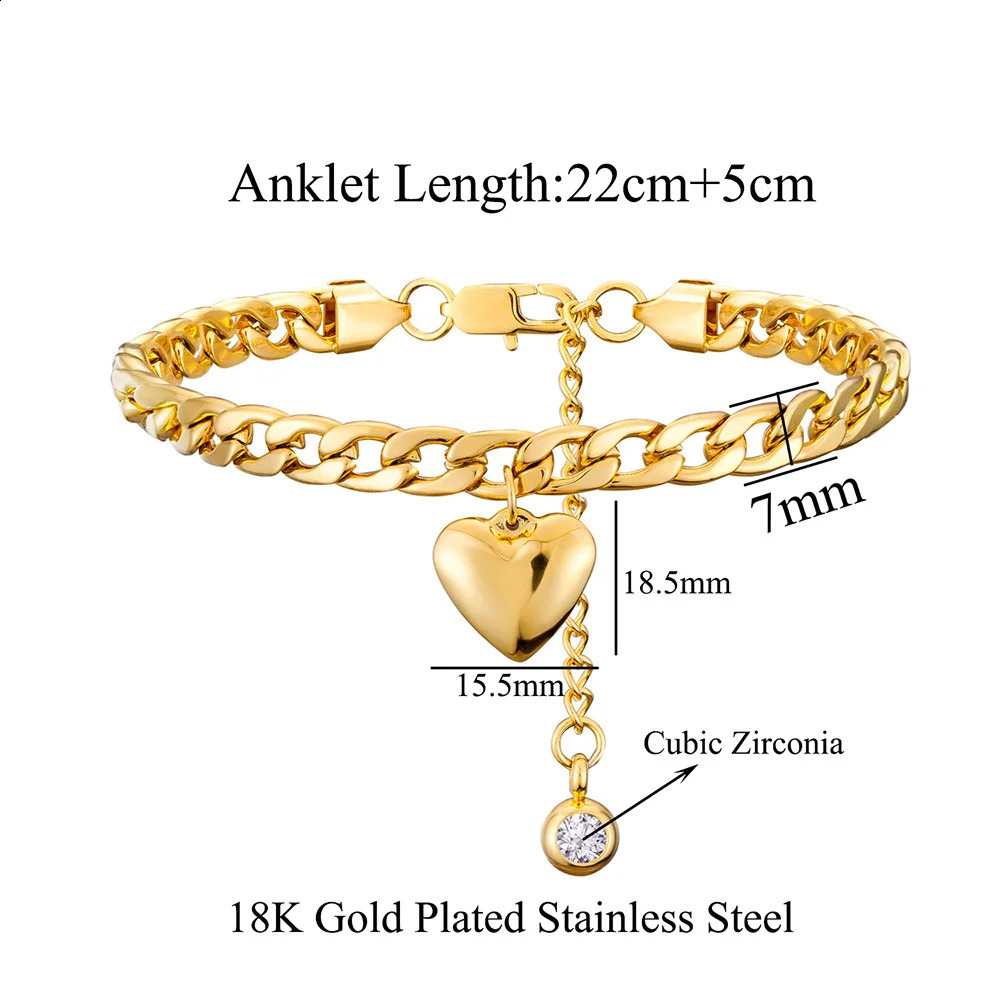 Punk 7mm Cuban Chain Foot Bracelet for Women Gold Silver Stainless Steel Heart Charm Foot Bracelet 250408