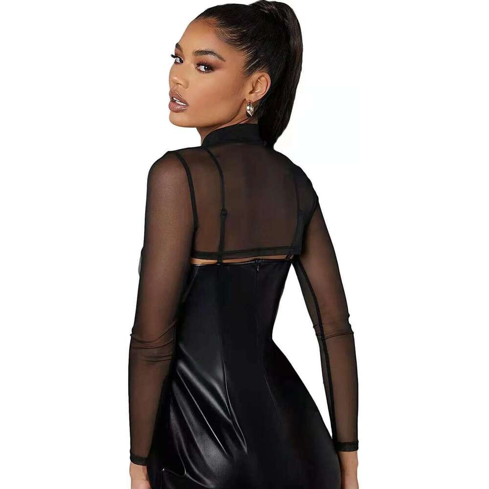 Women's Sexy Black Plain Mock Neck Mesh Cut-Off Long Sleeve Sheer Shrug Shirt Slim Fit Top Y2k Streetwear