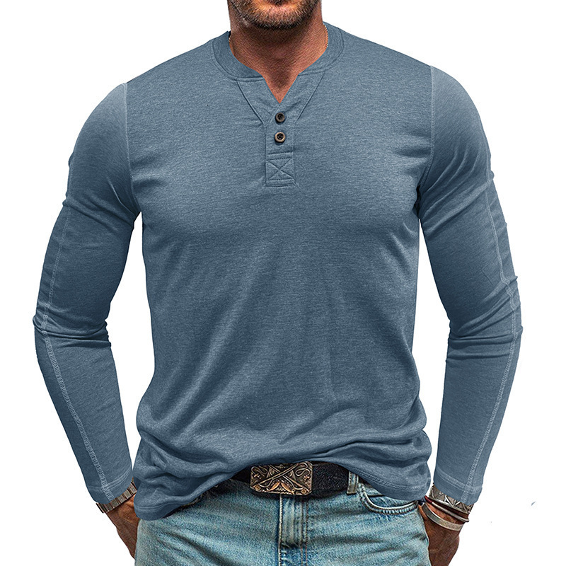 2025 mens American long sleeved mens T-shirt mens Henry collar base shirt autumn and winter elastic cotton