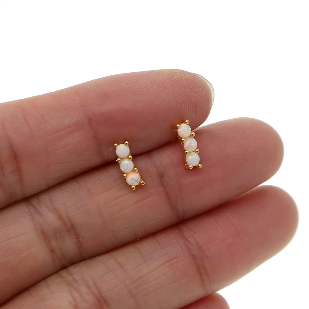 Minimum Delicate 925 sterling silver Micro Pave three white fire opal mini stud earrings 250409