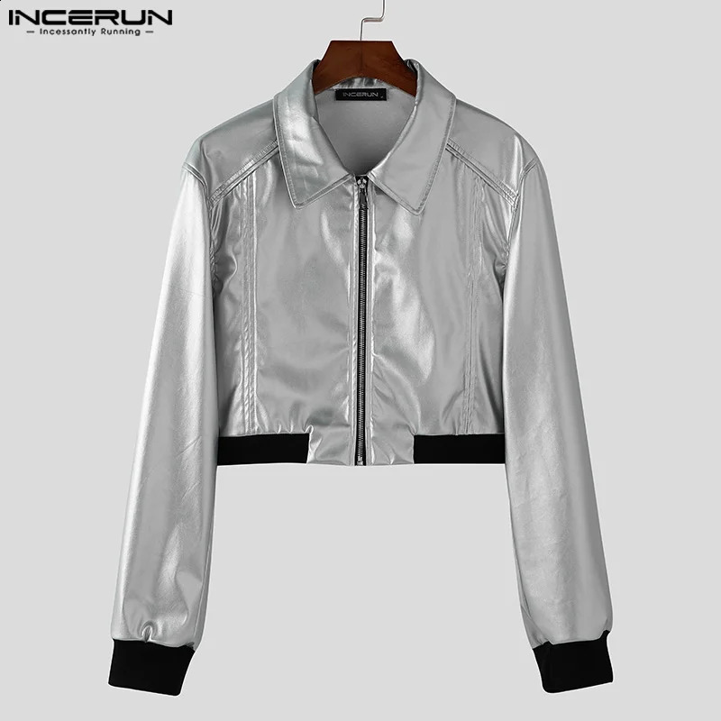 INCERUN Men Long Sleeve Solid Color Coats PU Leather Short Jackets Handsome Simple Lapel Collar Waistcoats Zipper Loose Tops 250409