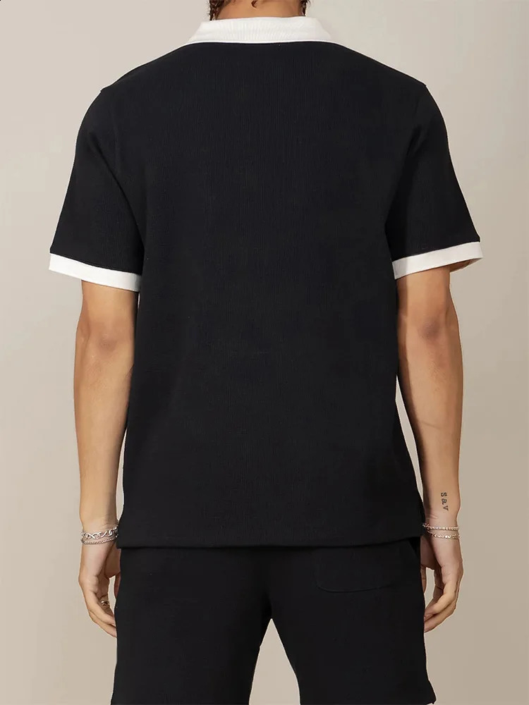 Streetwear Mens Fashion Two Piece Suits Patchwork Lapel Short Sleeve Polo Shirts And Shorts Outfits Men Summer Casual Loose Sets 250409