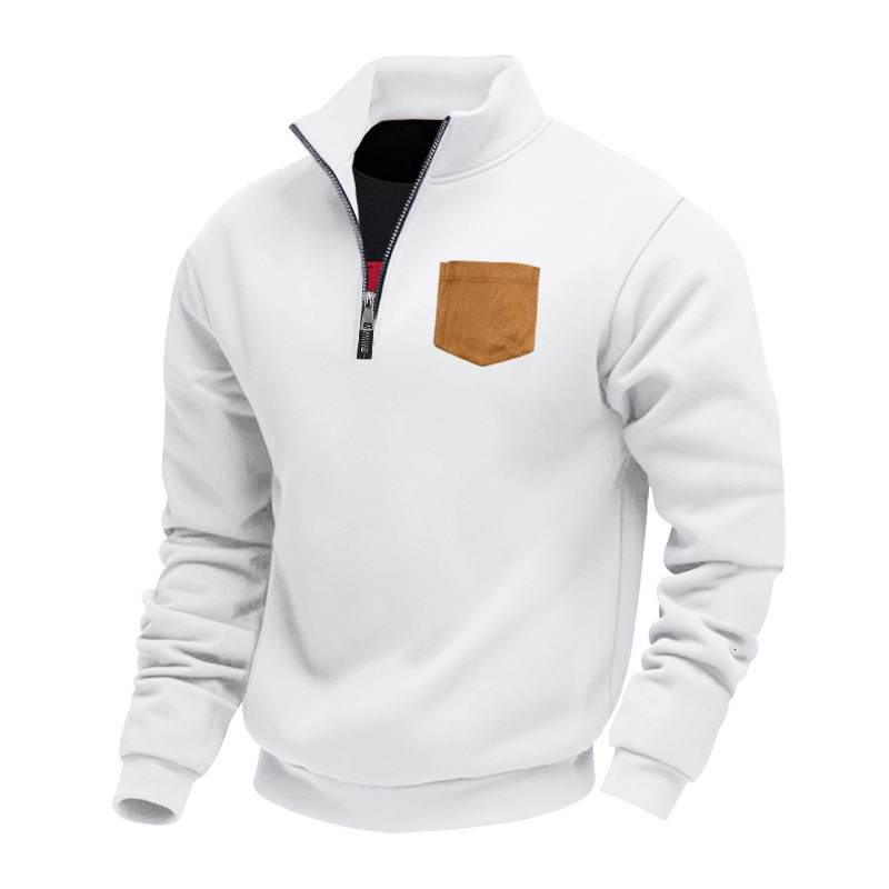 Spring and Autumn new casual men's half zipper stand up collar patch bag fleece hoodie pullover plus size top for men