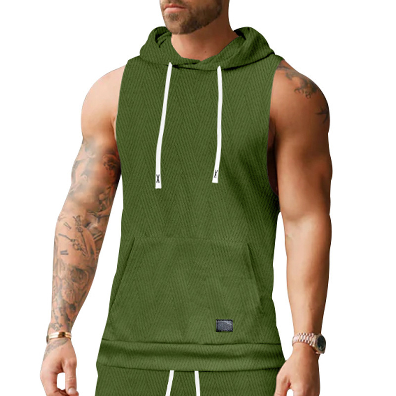 2025 men's casual European size summer jacquard knitted hooded sweatshirt sleeveless T-shirt patch pocket drawstring vest