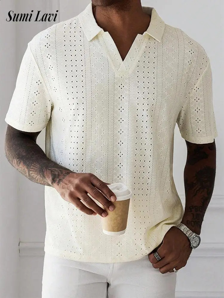 Leisure Breathable Hollow Out Tops Mens Knitted Short Sleeve Polo Collar Shirts For Men Summer Casual Pure Color Knit Polo Shirt 250411