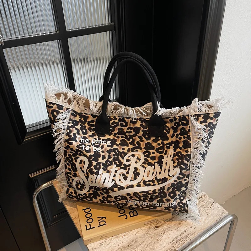tote bag for women large capacity casual travel leopard print canvas handmade tassel handbag 250410