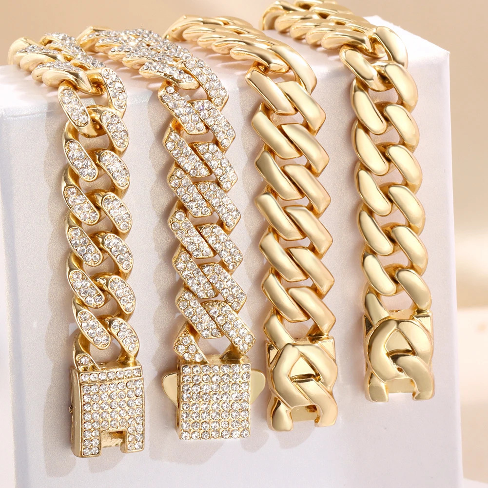 Women Cuban Chain Bracelet HipHop Bling Iced Out Chain Gold Silver Color Rhinestone Paved Chunky Metal Bracelet Men Jewelry Gift 250414
