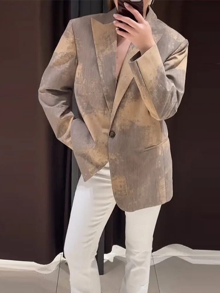 Retro printed lapel suit jacket for women fashionable street loose single button spring casual 250414Z