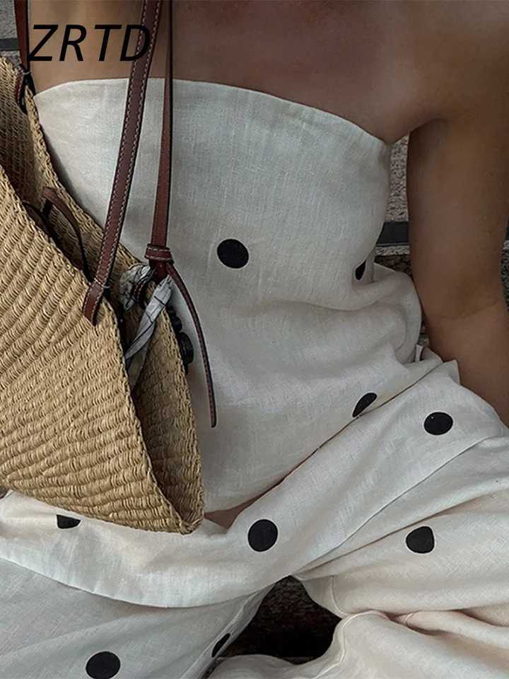 Fashion backless polka dot top pants set for womens loose strapless back split vest pocket wide leg pants 2025 womens vacation setXJ250414