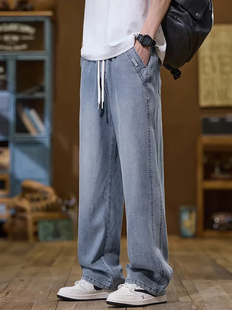 Soft Lyocell thin brushed jeans for men comfortable and casual Korean style fashionable straight three person mens street clothing loose 250407