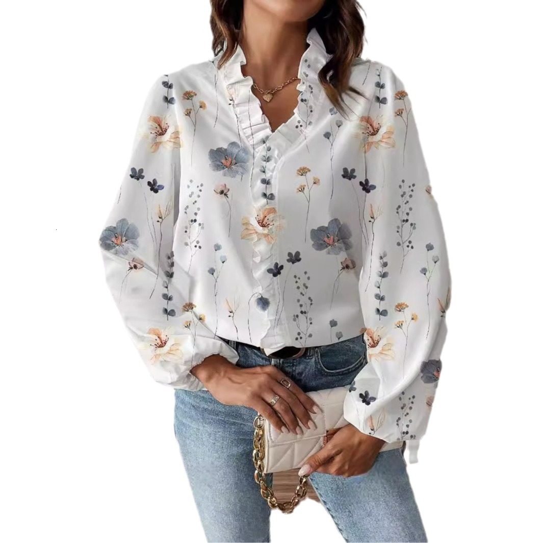 Spring and Autumn Temu women's long sleeved shirt with ruffled V-neck printed temperament commuter top
