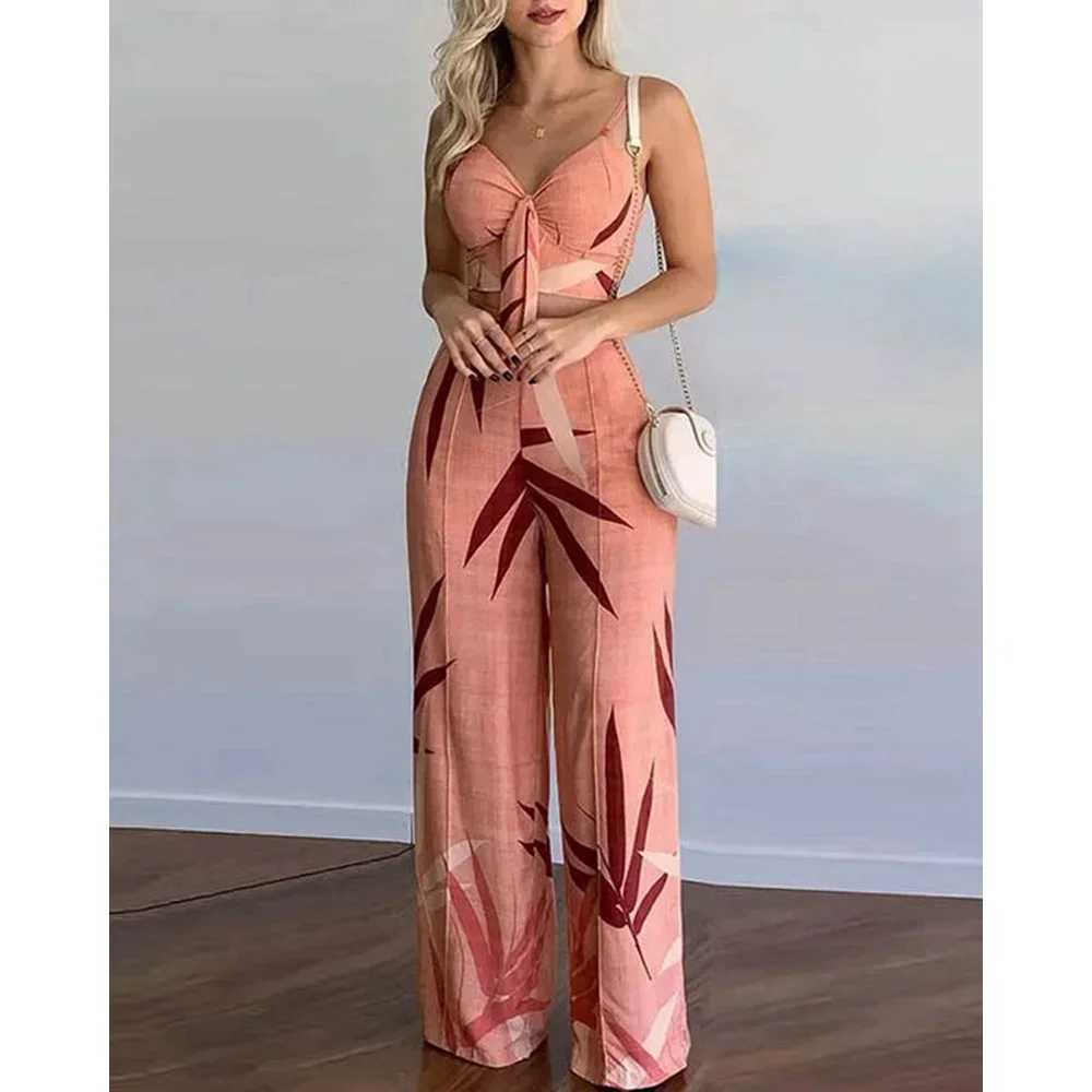 Summer womens tropical printed spaghetti strap casual lace strap top and high waisted pants set 2-piece set 2023 womens clothingXJ250414