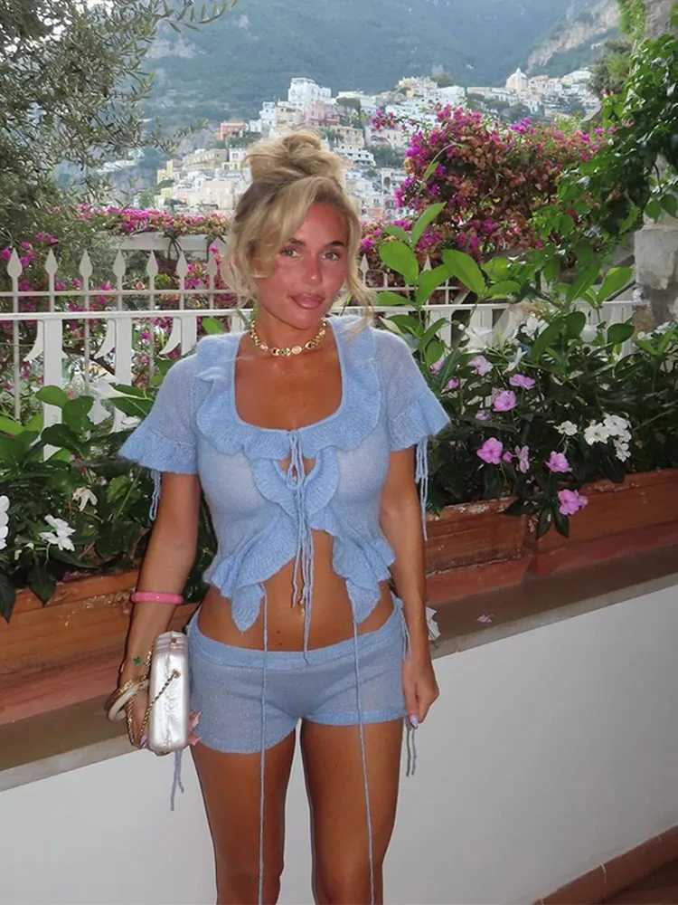 Ele lace work lace top Sve ultra-thin mini shorts fashionable solid knit shorts set 2025 new womens 2-piece beachwearXJ250414