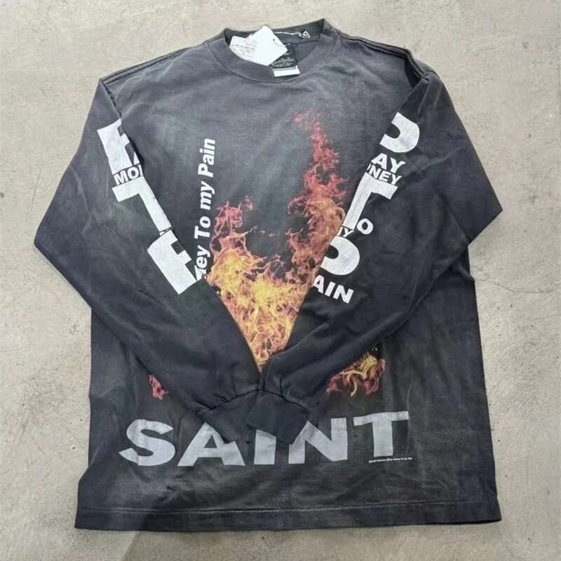 High Street 24ss Vintage Washed Long Sleeve T-Shirt Saint Man Woman Loose Printed Tops 100% Cotton Casual Fashion T Shirt Tees