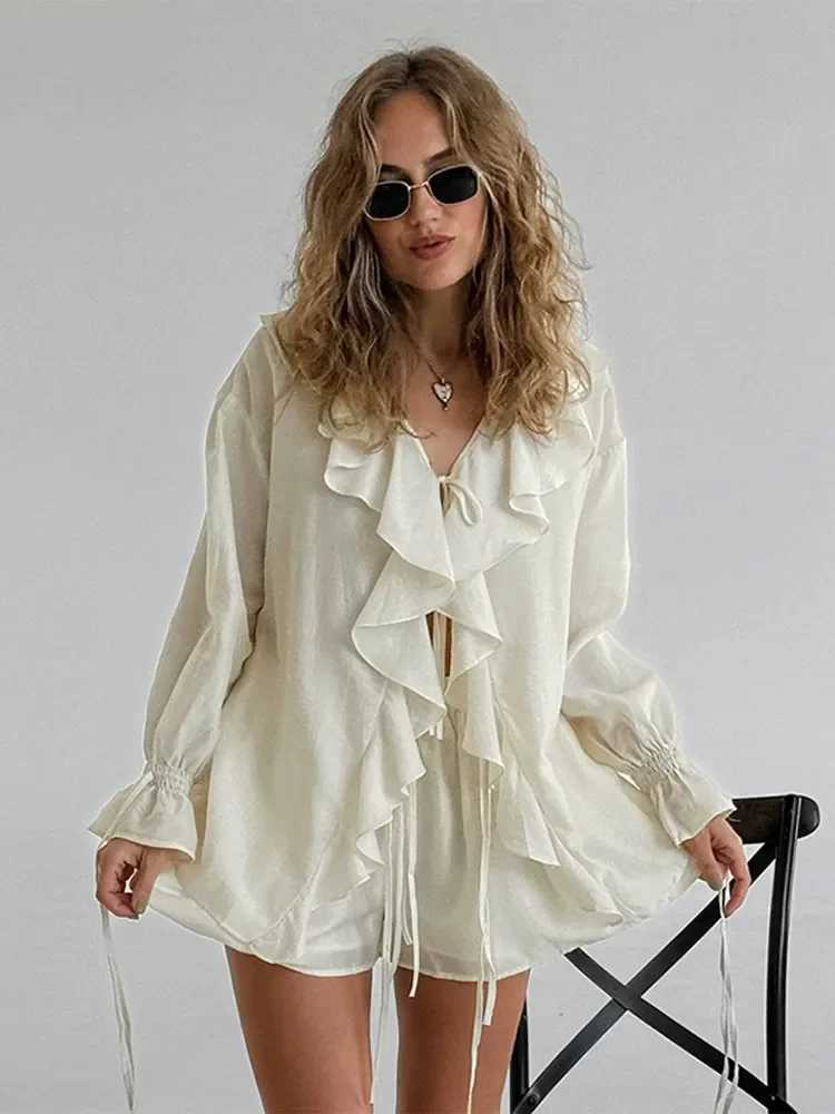 Summer holiday long Sve pleated lace chiffon shorts set for womens casual V-neck solid loose shorts set 2025 Fe new setXJ250414