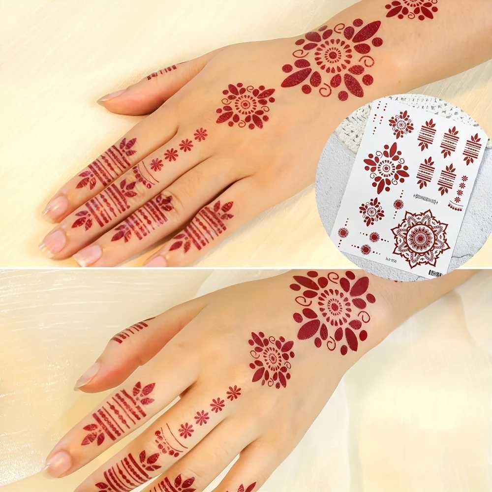 6 Red Fingernail Flower Temporary Tattoo Stickers Designed by Maroon Mehndi Waterproof Fake Tattoo Female Hand and Finger Tattoo Body ArtXJ25414